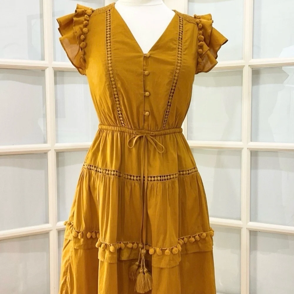 J.CREW | POINT SUR TIERED FLUTTER RUFFLE POM POM MIDI DRESS IN YELLOW SIZE 2